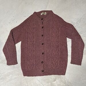 VTG Sheila Handknits 100% Pure Irish Wool Sweater Cardigan Leather Buttons SZ M